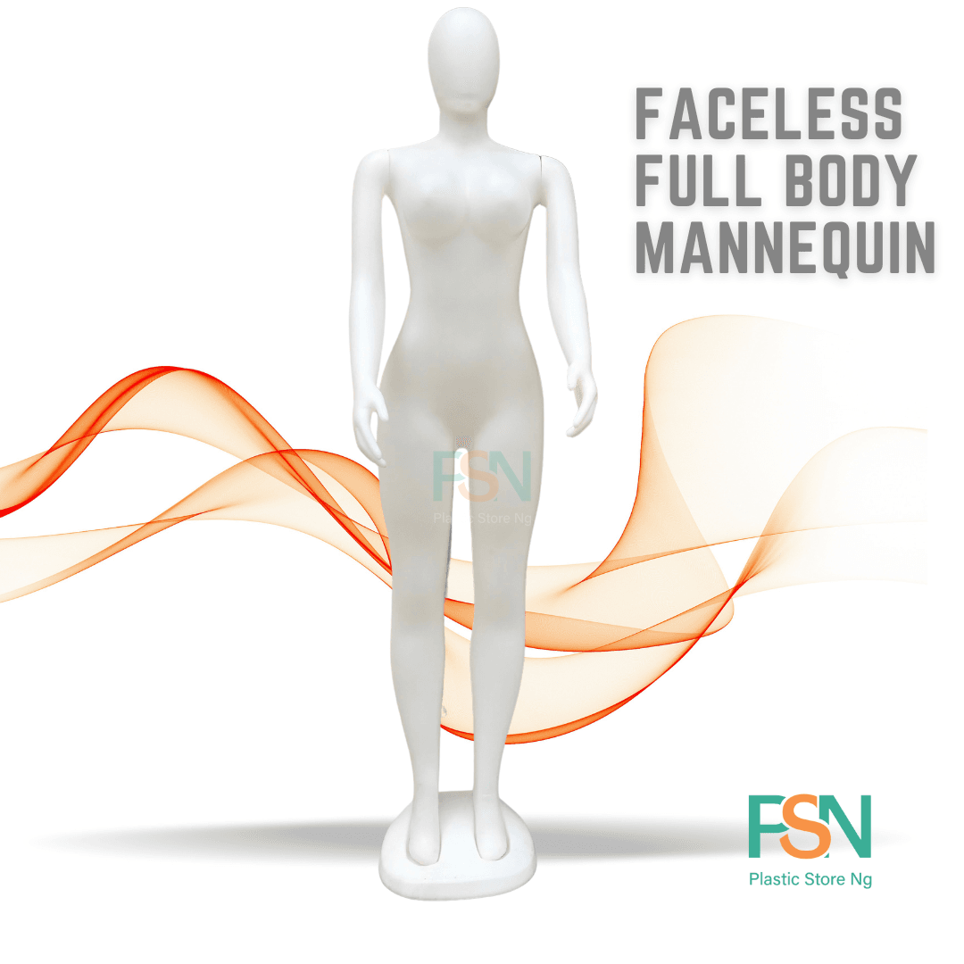 White Faceless full-body display mannequin used for clothing presentation