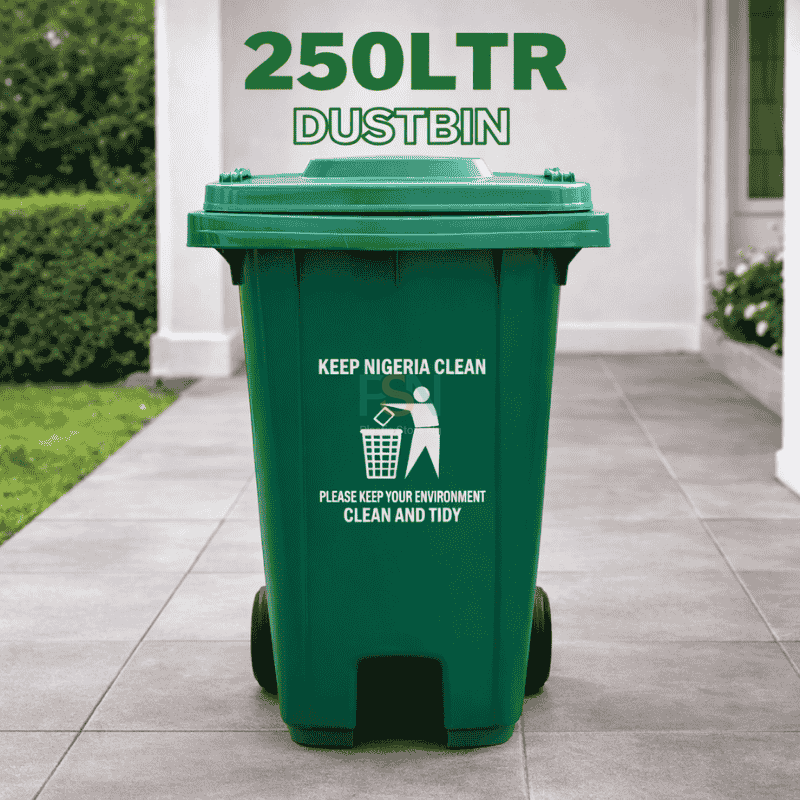 250 litres plastic dustbin with lid and wheels for outdoor waste collection in Nigeria